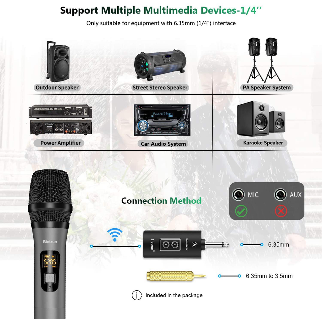  Wireless Microphone with Bluetooth, Professional UHF Dual  Handheld Dynamic Metal Mic System Set with Rechargeable Receiver, 160 ft  Range, 1/4''Output, for Karaoke Machine, Singing, Amp, PA Speaker :  Everything Else