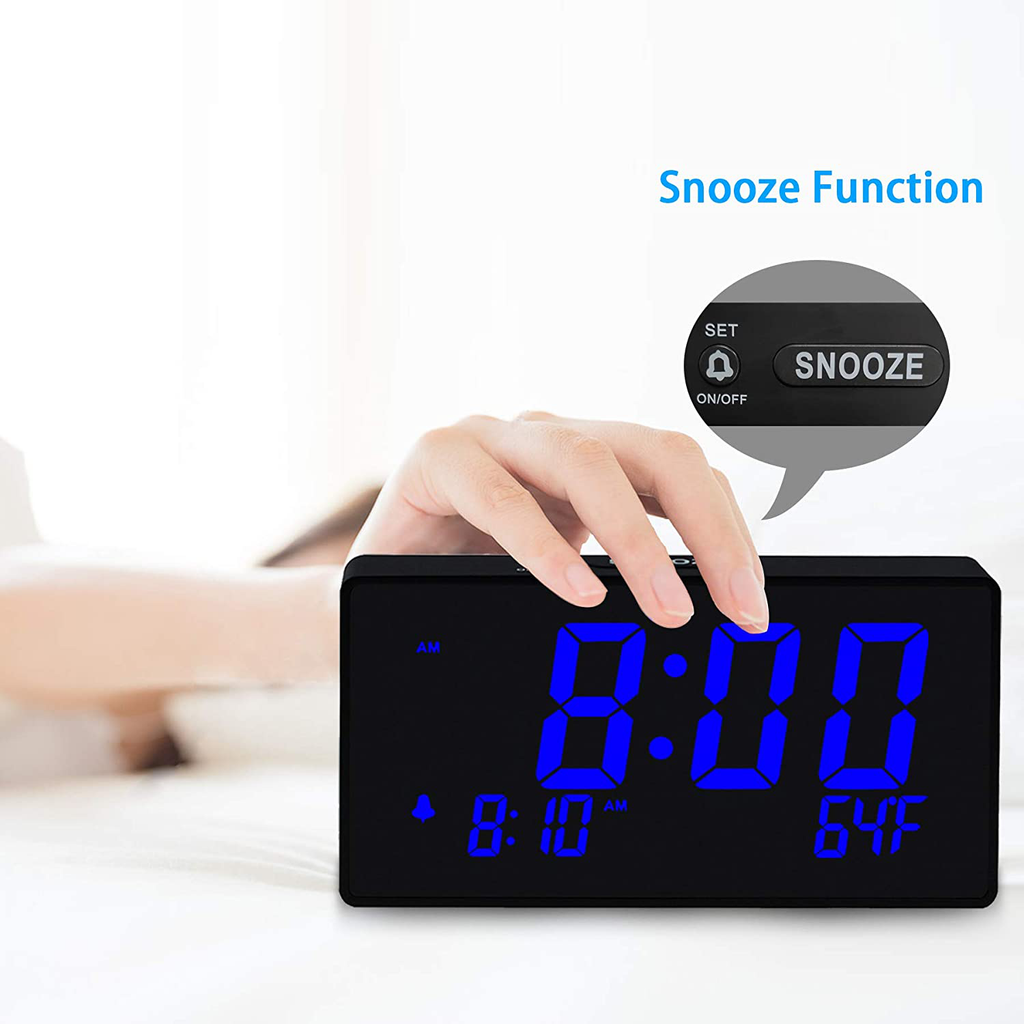 Compact Digital Alarm Clock with USB Port for Charging, 0-100% Brightness Dimmer, Blue Bold Digit Display, Temperature , 12/24Hr, Snooze, Adjustable Alarm Volume, Small Desk Bedroom Bedside Clocks.