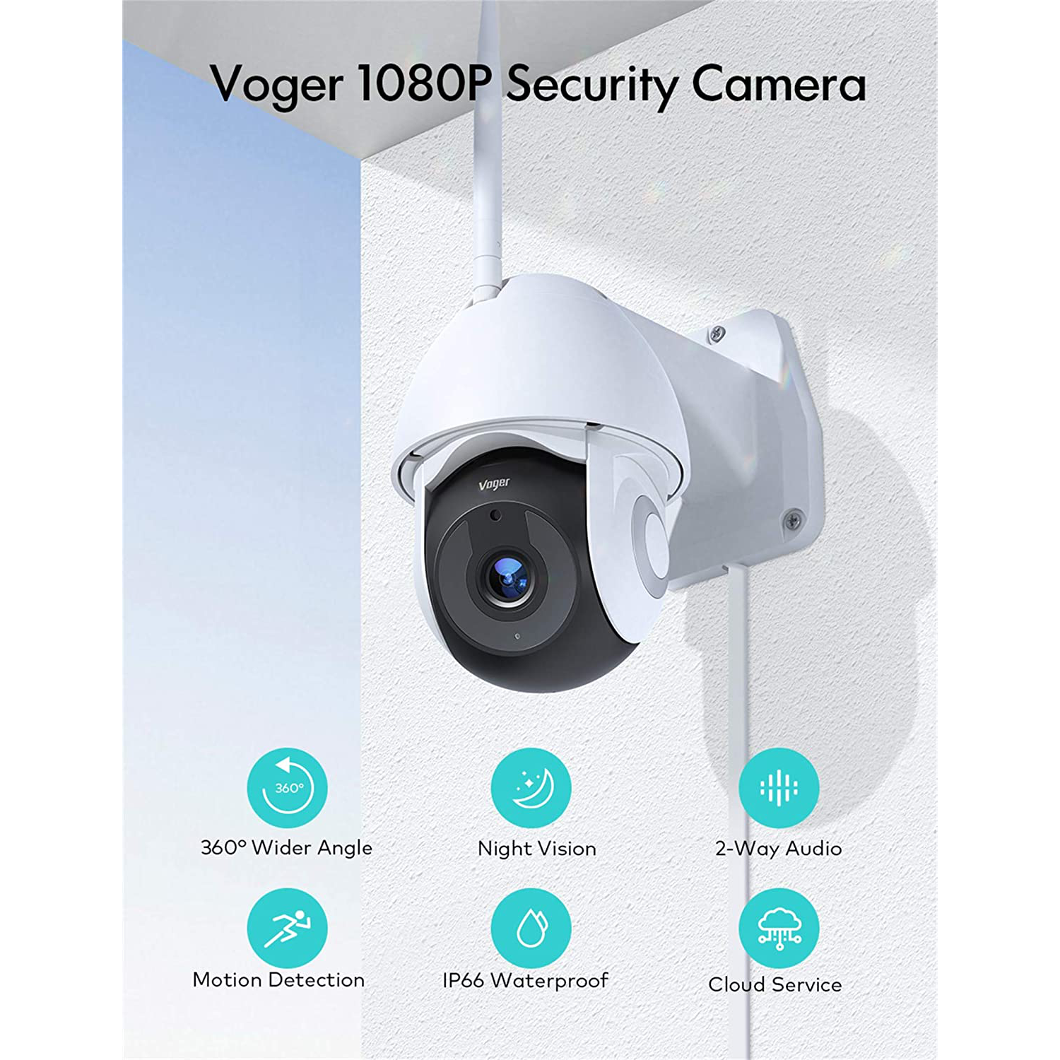Security Camera Outdoor, Voger 360° View WiFi Home Security Camera System 1080P with IP66 Weatherproof Motion Detection Night Vision 2-Way Audio Cloud Camera Works with Alexa and Google Home
