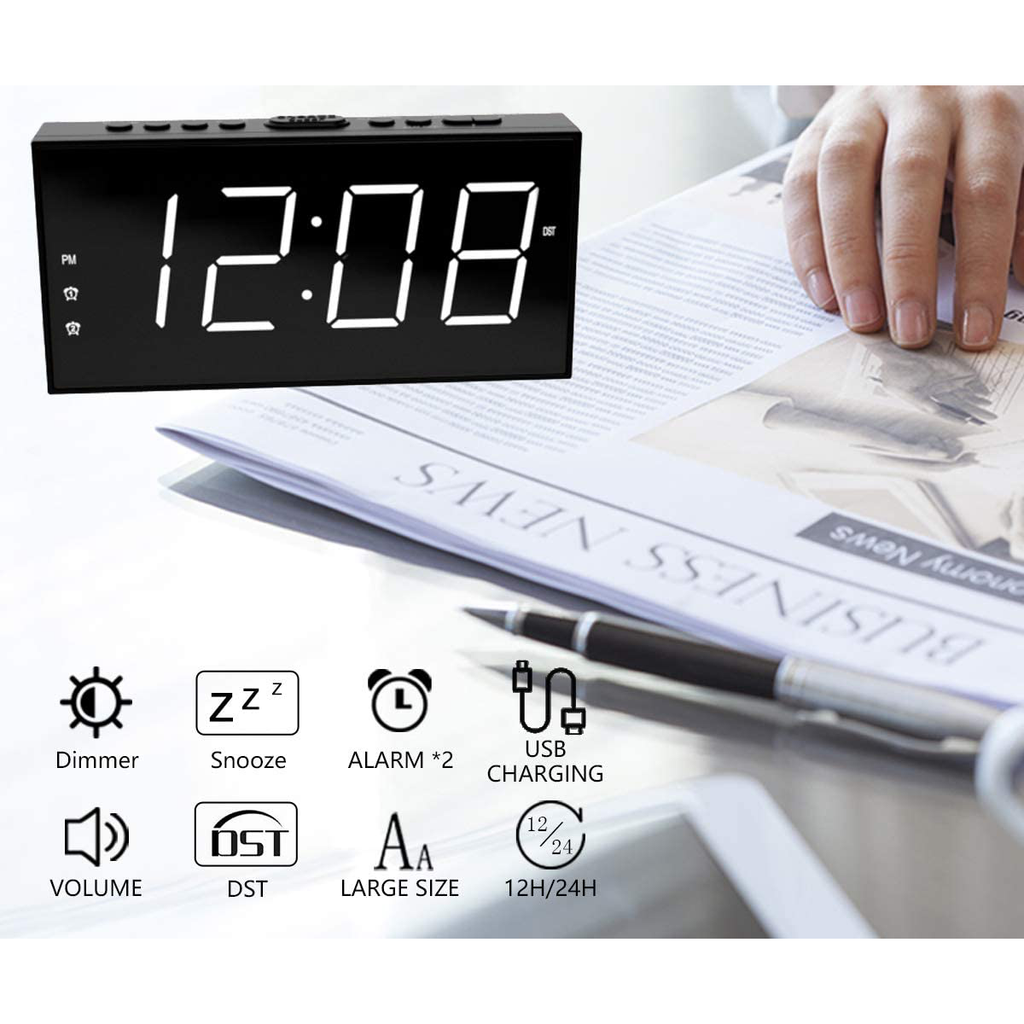 Loud LED Digital Alarm Clocks for Bedrooms Bedside with Snooze Digital Clock for Heavy Sleepers Dual Clock with USB Charger, Large White Digit Display, Big Easy Full Range Brightness Dimmer