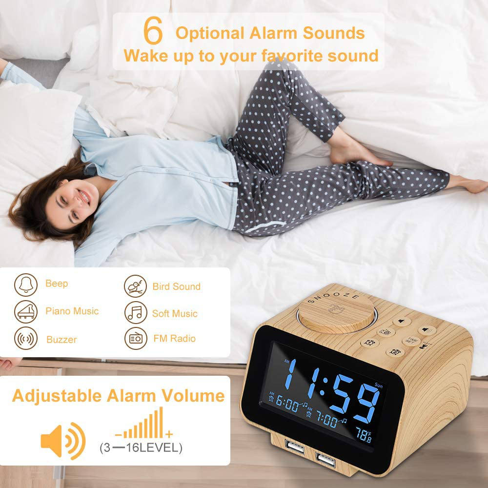 USCCE Digital Alarm Clock Radio - 0-100% Dimmer, Dual Alarm with Weekday/Weekend Mode, 6 Sounds Adjustable Volume, FM Radio w/Sleep Timer, 2 USB Charging Ports, Thermometer, Battery Backup(Wood Grain)