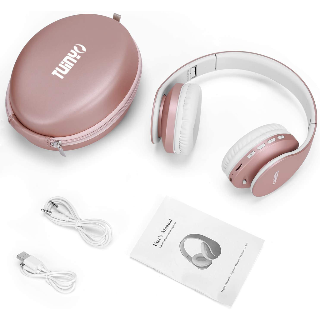 Bluetooth Headphones,TUINYO Wireless Headphones Over Ear with Microphone, Foldable & Lightweight Stereo Wireless Headset for Travel Work TV PC Cellphone-Rose Gold