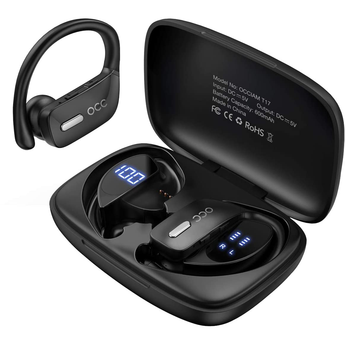 Wireless Earbuds Bluetooth Headphones with Microphone LED Display for Sports Black