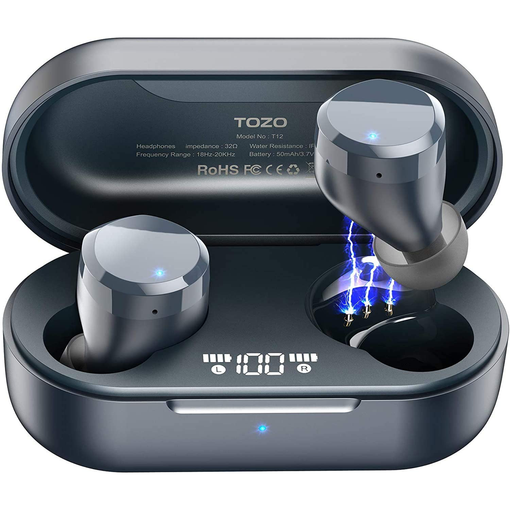 TOZO T12 Wireless Earbuds Bluetooth Headphones Premium Fidelity Sound Quality Wireless Charging Case Digital LED Intelligence Display IPX8 Waterproof Earphones Built-in Mic Headset for Sport Black
