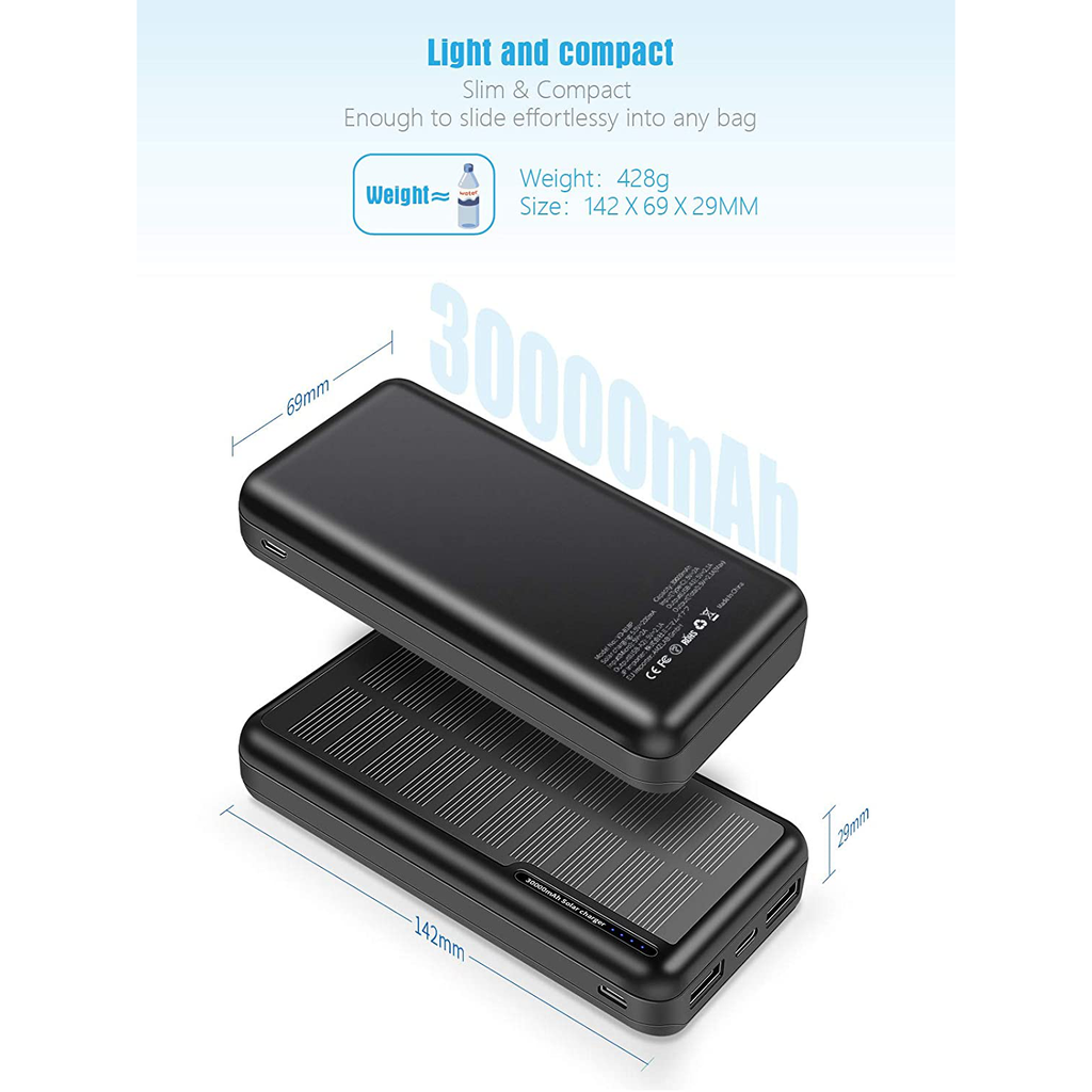 Solar Power Bank 30,000mAh-Minrise Portable Charger, Solar Charger Power Bank with 2 USB Outputs, External Battery Pack for Outdoor Activities Compatible with Smartphones etc.