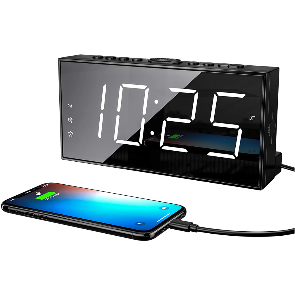 Loud LED Digital Alarm Clocks for Bedrooms Bedside with Snooze Digital Clock for Heavy Sleepers Dual Clock with USB Charger, Large White Digit Display, Big Easy Full Range Brightness Dimmer