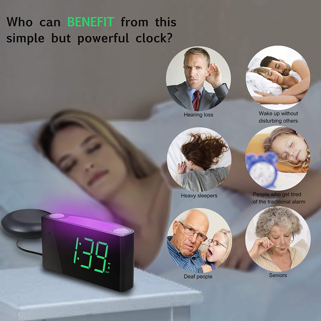 Extra Loud Alarm Clock with Bed Shaker, Vibrating Bedroom Digital Clock for Heavy Sleepers Hard of Hearing Deaf, Large LED Display with Dimmer,Night Light,Phone Charger,Battery Backup,Senior Teen Kids