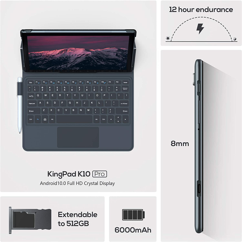 VASTKING KingPad K10 Pro 10.1" Octa-Core Tablet, 4GB RAM, 64GB Storage, Android 10, 1920x1200 Tablet with Keyboard and Stylus Pen, 60Hz Screen Rate, 13MP Rear Camera, 5G WiFi, GPS, Silver Grey