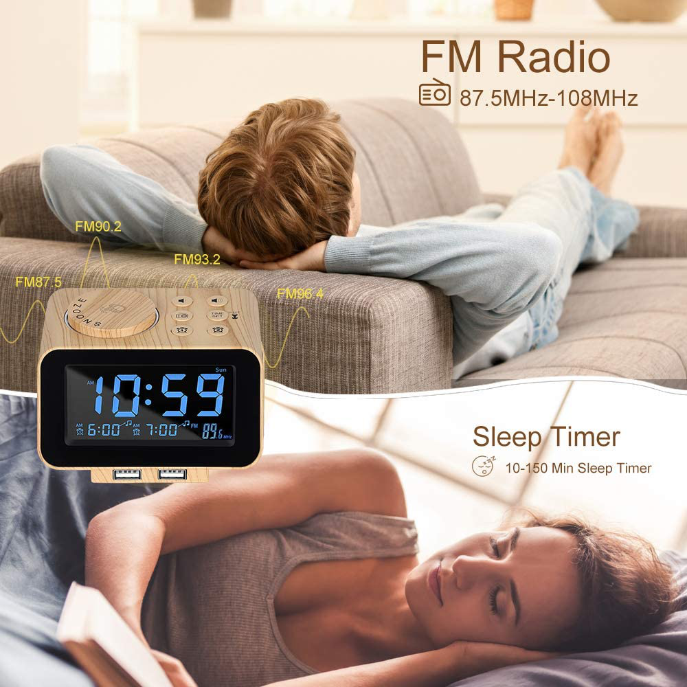 USCCE Digital Alarm Clock Radio - 0-100% Dimmer, Dual Alarm with Weekday/Weekend Mode, 6 Sounds Adjustable Volume, FM Radio w/Sleep Timer, 2 USB Charging Ports, Thermometer, Battery Backup(Wood Grain)