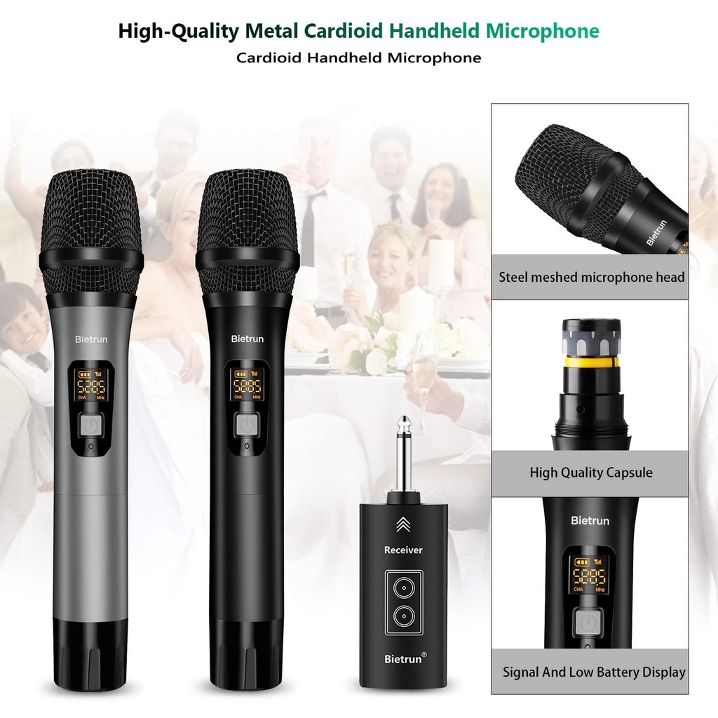 Wireless Microphone with Bluetooth, Professional UHF Dual Handheld Dynamic Metal Mic System Set with Rechargeable Receiver, 160 ft Range, 1/4''Output, for Karaoke Machine, Singing, Amp, PA Speaker