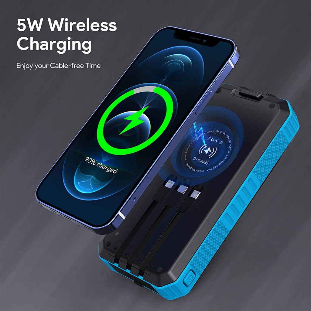 Solar Charger - 30000mAh Solar Power Bank Wireless Portable Charger Quick Charge 3.0 Type C Input Port with 6 Outputs, Dual Flashlight External Battery Portable Charger Power Bank for iOS and Android