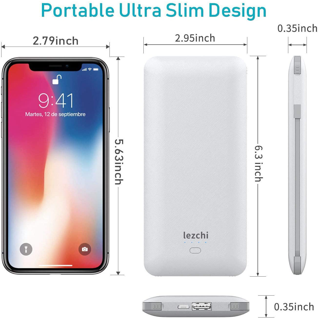 Portable Power Bank, Ultra Slim 10000mAh Portable Charger, USB C External Battery Pack with Built-in AC Plug, Charging Cable, Output Port, Compatible with All Kinds of Cellphones …