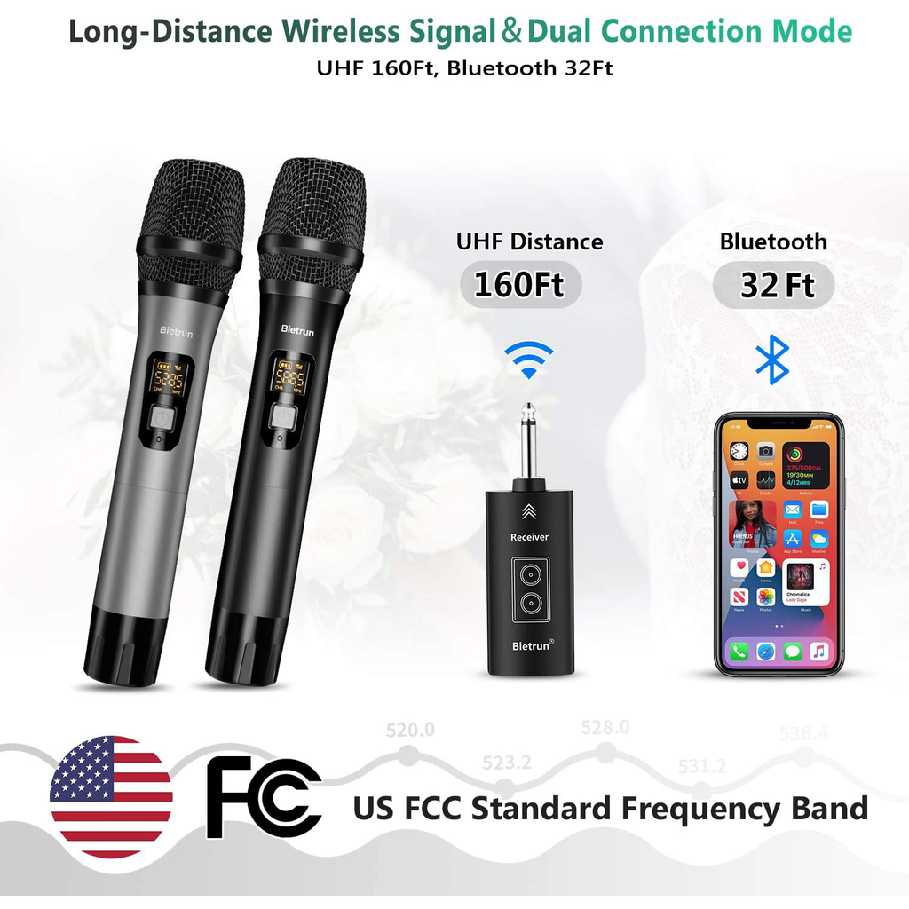Wireless Microphone with Bluetooth, Professional UHF Dual Handheld Dynamic Metal Mic System Set with Rechargeable Receiver, 160 ft Range, 1/4''Output, for Karaoke Machine, Singing, Amp, PA Speaker