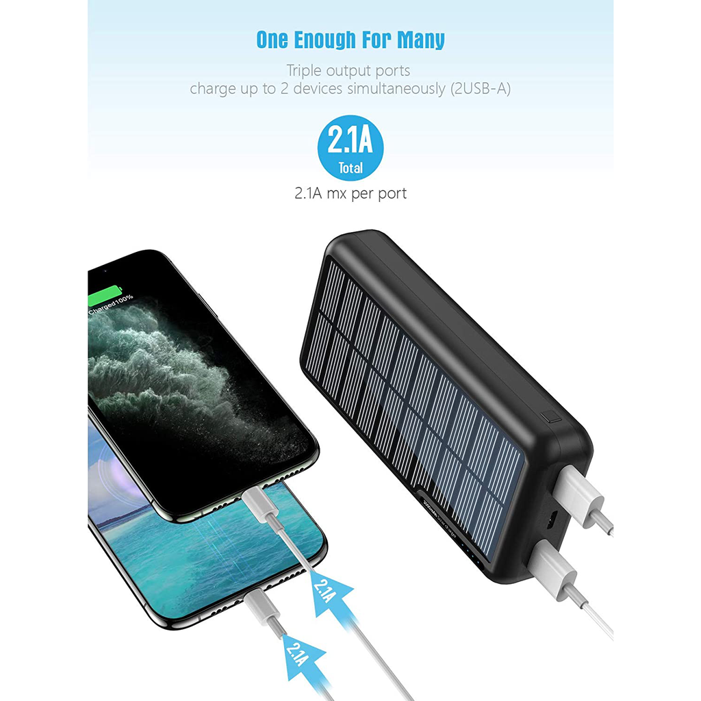 Solar Power Bank 30,000mAh-Minrise Portable Charger, Solar Charger Power Bank with 2 USB Outputs, External Battery Pack for Outdoor Activities Compatible with Smartphones etc.